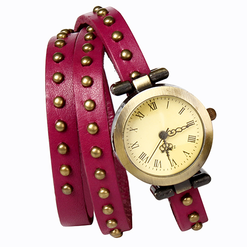 Fashionable Rivet Leather Belt Retro Watch Hand Chain-pink