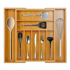 Bamboo Drawer Divider Kitchen Expandable Cutlery Tray Organizer Utensil Holder w/ Grooved Dividers