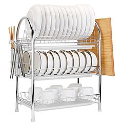 3-Tier Dish Drying Rack Dish Drainer Shelf w/ 3 Drain Trays Chopping Board Rack Utensil Rack Chopsticks Holder For Kitchen Counter Storage