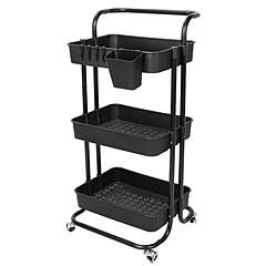 3 Tier Rolling Utility Cart Movable Storage Organizer with Mesh Baskets Lockable Wheels 360 Degree Rotatable Hanging Box Hooks Bedroom Bathroom Kitche