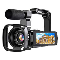 2.7K Camcorder 48MP 18X Zoom Digital Video Camera Rechargeable Vlogging Camera with Microphone Lens Hood 3in 270° Rotating Screen Fill Light Remote Co