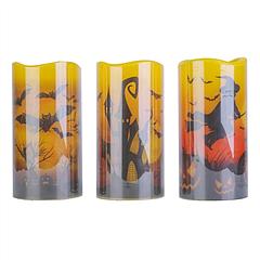 3 Pack Halloween Flameless Candle Lamp with Timer Setting Battery Operated Warm Orange Light Candles for Halloween Party Decoration Witch Bat Castle