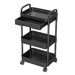 3 Tier Rolling Utility Cart Movable Storage Organizer with Drawer Lockable Wheels 360 Degree Rotatable Hallow Design for Bedroom Bathroom Kitchen