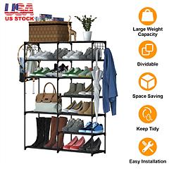 7 Tiers Plus 5 Tiers Shoe Rack Metal Shoe Storage Shelf Free Standing Large Shoe Stand 24+ Pairs Shoe Tower Unit Tall Shoe Organizer with 2 Hooks for 