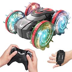 2 In 1 Amphibious RC Car Waterproof Stunt Car with Wrist Controller 4WD 360° Rotating Gesture Car with RGB Lights for Kids Aged 6+ Years Old Double-si