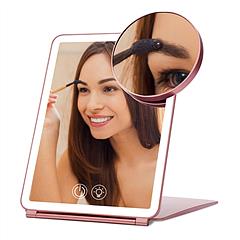 Folding Travel Makeup Mirror With 10X Magnifying Mirror 3 Color LED Lights Dimmable Brightness Rechargeable Battery Tabletop Portable Cosmetic Mirror 