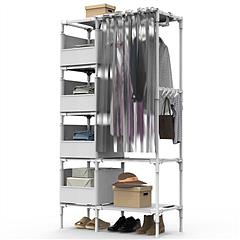 Portable Closet Wardrobe Clothes Storage Cabinet Organizer Garment Hanging Rack Shelves with 4 Storage Bags 1 Shelf 1 Hanging Rod 4 Hooks