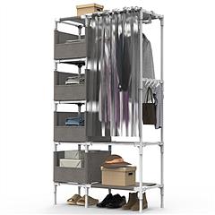 Portable Closet Wardrobe Clothes Storage Cabinet Organizer Garment Hanging Rack Shelves with 4 Storage Bags 1 Shelf 1 Hanging Rod 4 Hooks