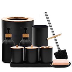 9Pcs Bathroom Accessories Set Trash Can Lotion Soap Dispensers Q-tip Holders Toothbrush Holder Soap Dish Vanity Tray Toilet Brush Black White