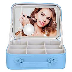Travel Makeup Bag With 3 Light Colors Dimmable Brightness LED Mirror Detachable 10X Magnifying Mirror Adjustable Dividers Portable Waterproof Cosmetic