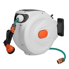 Retractable Garden Hose Reel Wall Mounted Automatic Water Hose Reel with Any Length Lock 8 Pattern Spraying Modes 180° Swivel Bracket
