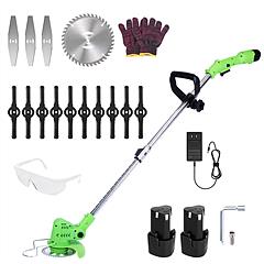 12V 200W Cordless Grass Trimmer Rechargeable Lawn Mower 9000M/Min Weed Cutter with Saw Blade 2 Stainless Steel Blades 10 Plastic Blades 2 Rechargeable