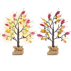 2Pcs 2FT Artificial Lighted Maple Tree With 24Pcs Warm White LED Beads 6Hrs Timer Battery Powered Artificial Fall Tree Tabletop Indoor Outdoor Fall De