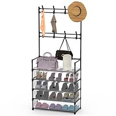 5-Tier Dustproof Entryway Hall Tree Coat Rack Shoe Rack With 8 Removable Hooks Freestanding Shoe Storage Shelf Hat Clothes Organizer For Front Door Be