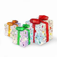 Set of 3 Christmas Lighted Gift Boxes Xmas Present Ornament 50 LED Christmas Box Decorations with Ribbon Bows IP44 Waterproof Battery Powered for Indo