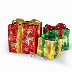 Set of 3 Christmas Lighted Gift Boxes Xmas Present Ornament 50 LED Christmas Box Decorations with Ribbon Bows IP44 Waterproof Battery Powered for Indo