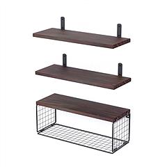 2 In 1 Floating Shelves Wall Mounted with Storage Basket Bathroom Shelves Over Toilet Wooden Shelves for Bedroom Living Room Kitchen Office Wall Decor