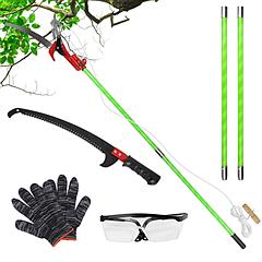 2 In 1 Extra Long Manual Pole Saw 8.23-15.12FT Extendable Tree Pruner for High Branches with Pruner Scissors 2 Double-hooked Saw Blades Goggles Gloves