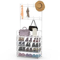 5-Tier Dustproof Entryway Hall Tree Coat Rack Shoe Rack With 8 Removable Hooks Freestanding Shoe Storage Shelf Hat Clothes Organizer For Front Door Be