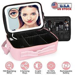 Travel Makeup Bag with LED Mirror Makeup Case Organizer with 3 Light Colors Adjustable Dividers Brush Holder Magnifying Mirror Shoulder Strap Luggage 