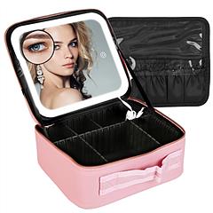 Travel Makeup Bag with LED Mirror Makeup Case Organizer with 3 Light Colors Adjustable Dividers Brush Holder Magnifying Mirror Dimmable USB Rechargeab