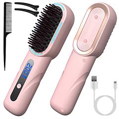 Cordless Hair Straightener Brush Rechargeable Mini Styling Comb with 4 Heating Levels Blue Light Sterilization Single press Stray Hair Removal 20Mins 