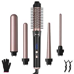 5 in 1 Curling Wand Hair Curling Iron Brush Anti-Tangle Hair Thermal Brush Curler with 4 Heating Levels 360° Rotatable Cable 5 Interchangeable Barrels