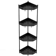 4 Tier Corner Shower Caddy Floor Standing Corner Shelf Carbon Steel Bathroom Storage Rack Organizer Stand with 4 Hooks for Bathroom Bathtub