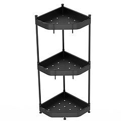 3 Tier Corner Shower Caddy Floor Standing Corner Shelf Carbon Steel Bathroom Storage Rack Organizer Stand with 4 Hooks for Bathroom Bathtub