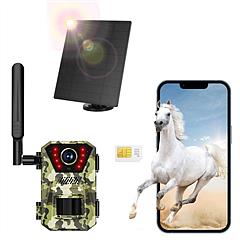 4G 4K 30FPS Solar Trail Camera Outdoor Wildlife Camera Motion Activated IP66 Waterproof with 140ºViewing Angle No Glow Night Vision SIM Card APP Contr