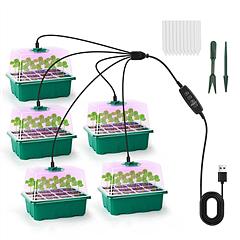 5Packs Seed Starter Tray With Grow Light Humidity Dome Germination Kit with 5-Level Brightness 4 Timers for Indoor Greenhouse