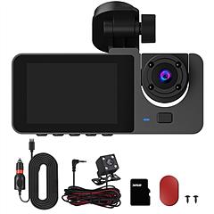 3 Channel Dash Cam Front Inside Rear Vehicle Driving Recorder Car DVR with 32G MMC Card G Sensor Motion Detection Parking Monitor Loop Recording