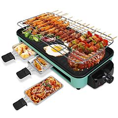 1500W Electric Indoor Grill 2 in 1 Electric BBQ Gill with Grill Net Removable Plate 5 Temperature Control 3 Small Trays Dishwasher Safe